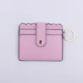 Pink PU leather card holder with scalloped top, snap closure button and gold key ring. - Pink Purple
