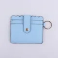 Light blue PU leather card holder wallet with keychain and snap button closure for daily use. - Blue