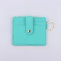 Mint green PU leather card holder wallet with snap button closure and side key ring for daily use. - Green