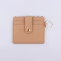 PU leather card holder with snap button, scalloped top and metal key ring. Compact coin and card case. - Light Coffee
