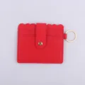 Red PU leather card holder wallet with scalloped edge and gold key ring for women - Red