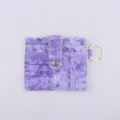 Purple PU leather card holder with geometric pattern, snap closure and metal keyring. - Purple Flower