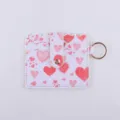 PU leather card holder with cute heart print, snap closure and metal keychain ring. - Pink Heart