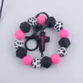 Silicone beaded wristlet keychain with cow print and cross pendant for keys and bags. - Cross Pendant Style / Rose Red