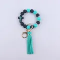 Silicone beaded keychain bracelet with cross charm and stylish leather tassel for women daily use. - Lake Blue