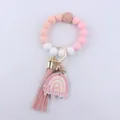 Silicone bead keychain bracelet with tassel and Mom rainbow pendant for women gift. - Pink