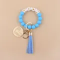 Blauer Silikonperlen Armband Schlüsselanhänger mit Holz Mama Anhänger und Buchstaben Perlen. - Dunkelblau
