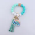 Mother's Day silicone beaded keychain bracelet with tassel and rainbow MOM charm gift. - Green Tassel Rainbow Charm Style / Green