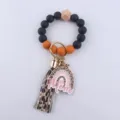 Silicone bead wristlet keychain with leopard print rainbow Mom tassel pendant for gifts. - Black