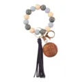 Silicone bead wristlet keychain with wooden MAMA charm and tassel for women daily use. - Light Gray