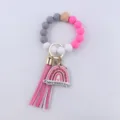 Pink and grey silicone bead wristlet keychain with tassel and rainbow mother day pendant. - Rose Red Tassel Rainbow Charm Style / Rose Red