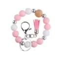Silicone beaded wristlet keychain with wooden bead, metal rings, and pink leather tassel pendant. - Pink