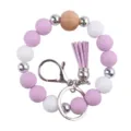 Silicone beaded wristlet keychain with wooden bead, metal clasp and cute PU leather tassel. - Light Purple