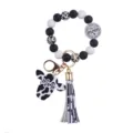 Silicone bead cow print wristlet keychain with cute tassel and mom charm accessory - she is mom