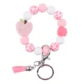 Cute silicone bead wristlet keychain with peach apple pendant and pink tassel for women and girls. - Pink