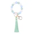 Silicone beaded wristlet keychain mint green white blue bracelet with leather tassel - Green
