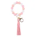 Silicone beaded wristlet keychain with leather tassel pink white peach color bracelet accessory - Pink