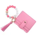 Pink silicone beaded bracelet wristlet with PU leather card holder wallet and tassel keychain. - Watermelon red