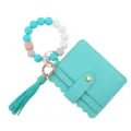PU leather card holder wallet with silicone beaded bracelet keychain and tassel charm - Lake Blue