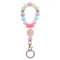 Colorful silicone bead wristlet keychain with wooden heart charm and metal ring for women. - Pastel