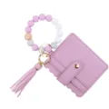 Purple silicone bead bracelet wallet keychain with a cute PU leather card holder. - Purple