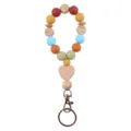 Colorful silicone and wooden bead wristlet keychain with heart charm and metal ring. - Colorful