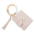 Silicone bead wristlet keychain with PU leather cardholder and tassel for women stylish. - Beige
