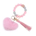 Silikon Perlen Armband Schlüsselanhänger mit Plüsch Herz Anhänger und PU Leder Quaste Stile. - Rosa