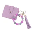 Porte-cartes en cuir PU violet avec bracelet en perles de silicone et pendentif pompon. - Violet