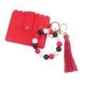 Porte-cartes en cuir PU rouge avec bracelet porte-clés en perles de silicone et gland portefeuille - Rouge