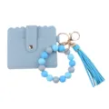 Porte-cartes bracelet perles silicone bleu clair avec porte-clés pompon en cuir PU. - Bleu