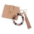Porte-cartes bracelet en perles silicone avec pompon en cuir PU kaki variante porte-clés de mode. - Café