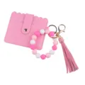 Porte-cartes bracelet en perles de silicone rose avec pampille en cuir PU et porte-clés. - Rose