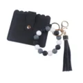 Porte-cartes en cuir PU noir avec bracelet de perles en silicone et accessoire de gland. - Noir