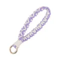 Handmade woven wrist strap keychain, purple and white cord key accessory with metal ring. - Purple White