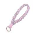Handmade woven wristlet keychain strap pink and grey macrame cord with gold ring - Pink Gray