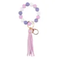 Silicone bead wristlet keychain with leather tassel in purple white and pink variant design - Purple