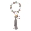Silicone bead wristlet keychain with leather tassel and metal ring in green white grey. - Gray