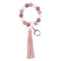 Silicone Bead Wristlet Keychain with Leather Tassel Bracelet Key Ring for Women Girls - Dusty Pink