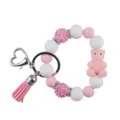 Silicone bead wristlet keychain with cute 3D bear pink tassel and heart clasp for women - Pink