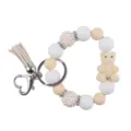 Cute Silicone Beaded Wristlet Keychain with 3D Bear Pendant Tassel White Beige Style - Nude