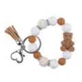 Silicone beaded wristlet keychain with cute 3D brown bear charm, leather tassel and heart clasp. - Brown