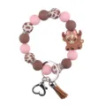 Silicone beaded bangle keyring with cute highland cow pendant, pink and brown beads, tassel. - Pink
