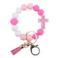 Silicone bead keychain bracelet with pink cross pendant, cute tassel and metal ring for women. - Rose Red
