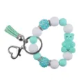 Silicone beaded bracelet keychain with cute bear pendant, green tassel and heart clasp - Green
