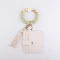Silicone bead wristlet keychain with cute daisy charm, leather tassel and card holder wallet. - Matcha Green