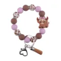 Silicone bead keychain bracelet with cute cartoon highland cow pendant, heart clasp and tassel. - Purple