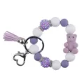 Silicone beaded wristlet keychain with cute cartoon bear charm, purple and white bracelet - Lilac Purple