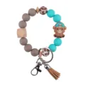 Silicone beaded wristlet keychain with cute cartoon highland cow charm and leather tassel. - Lake Blue