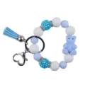 Silicone beaded bracelet keychain with cute cartoon bear charm, blue tassel and metal heart clasp. - Light Blue